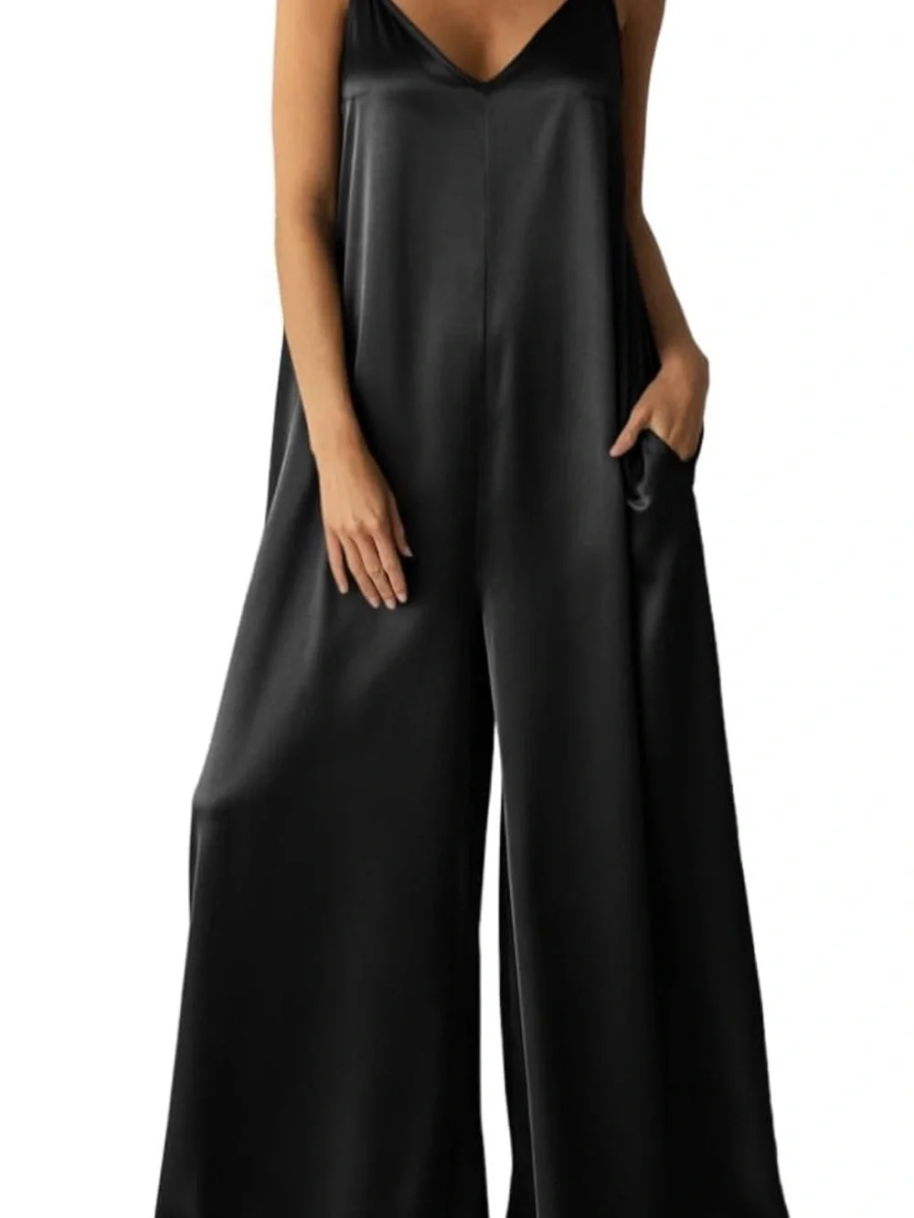 NWT Black Wide-Leg Satin Jumpsuit